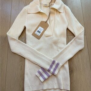 Faherty Women’s XXS Stretch Cotton Cashmere Rib Polo - Cream Retro Stripe (NWT)